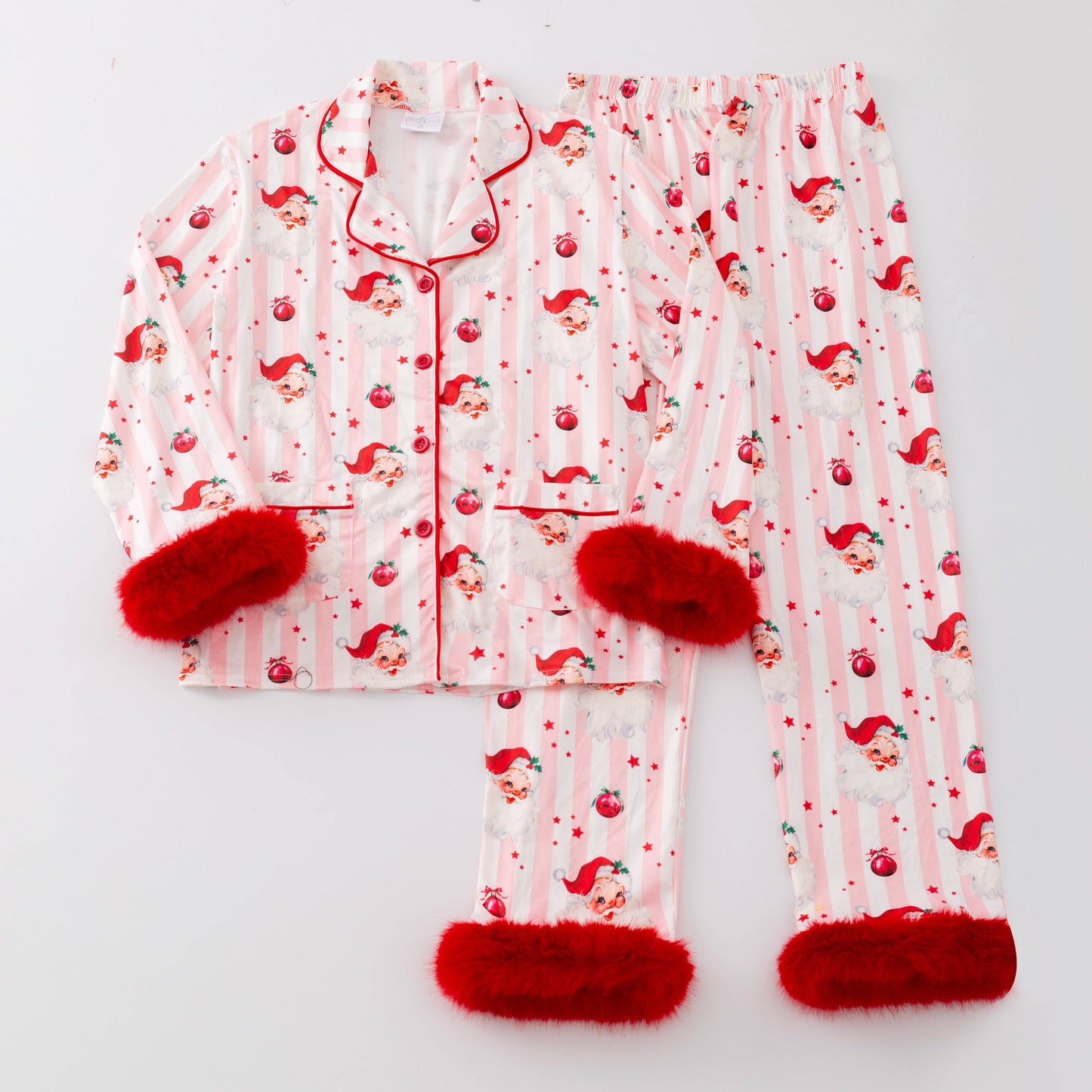 Mommy & Me Santa & Stripes Fuzzy Trim PJ's