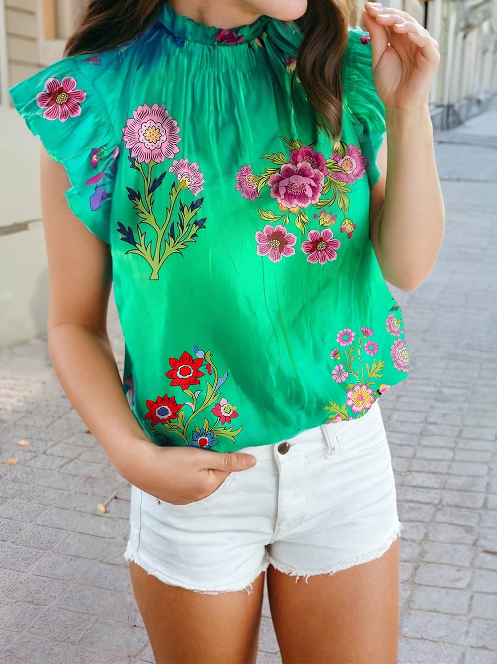 Floral Print Flutter Sleeve Frilly Neck Blouse