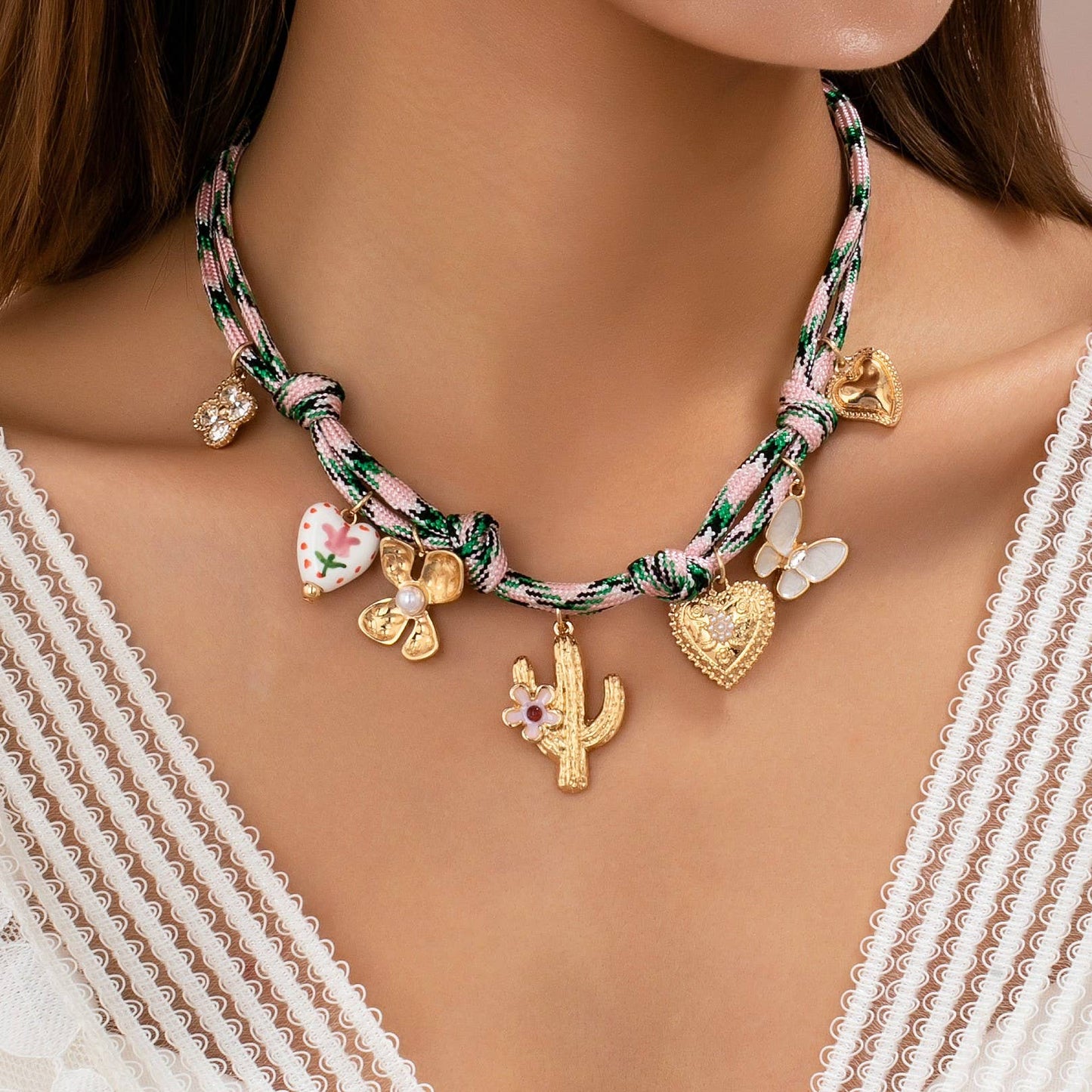 Pink Cord Charm Necklace - Bohemian Multi-Charm | 80N92743