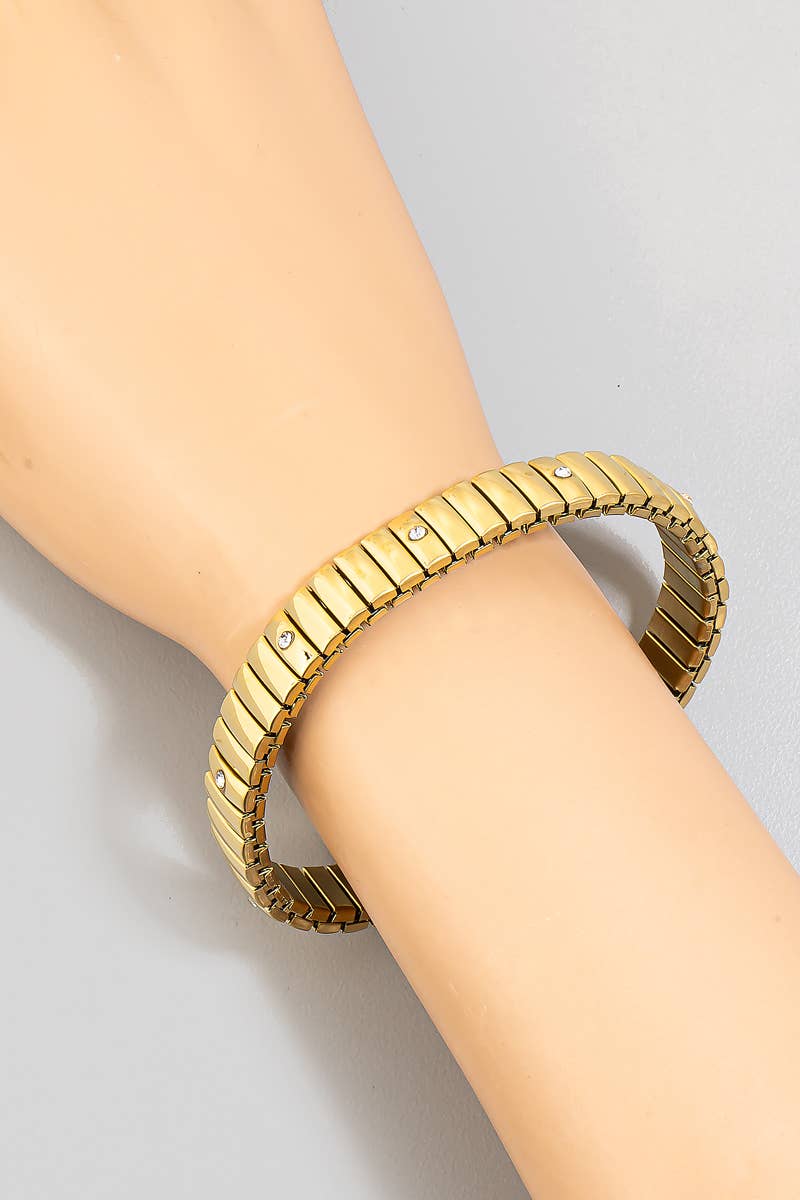 Stainless Steel Rhinestone Station Studded Intricate Elastic Bracelet