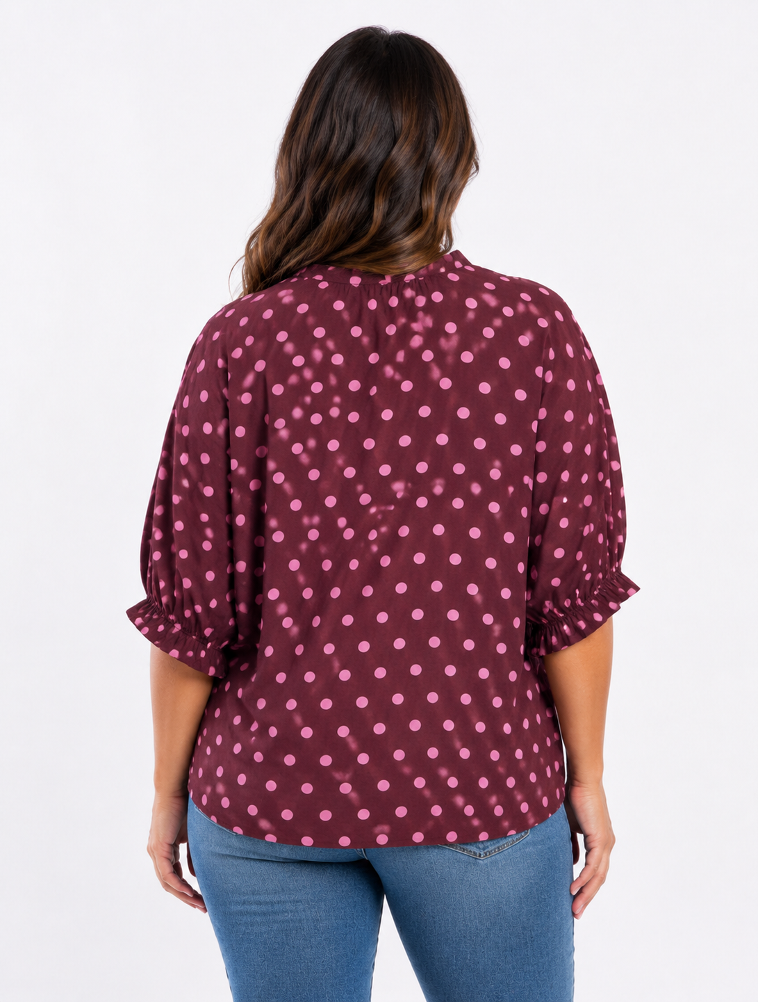 Entro Wine Polka Dot Short Dolman Sleeve Top