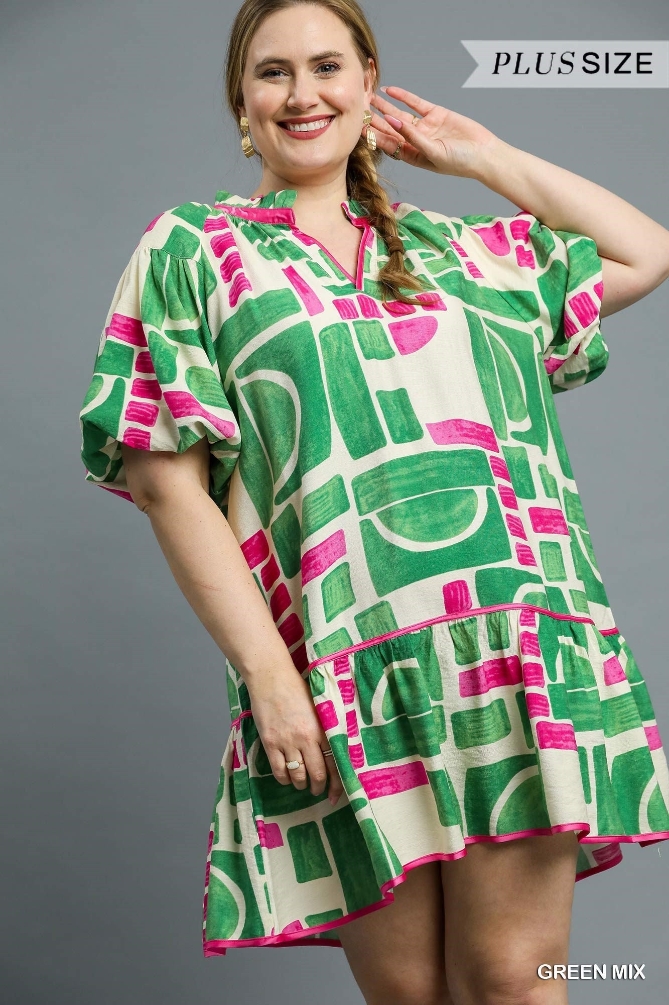 Umgee: Abstract Geo Print Ruffle Hem Dress