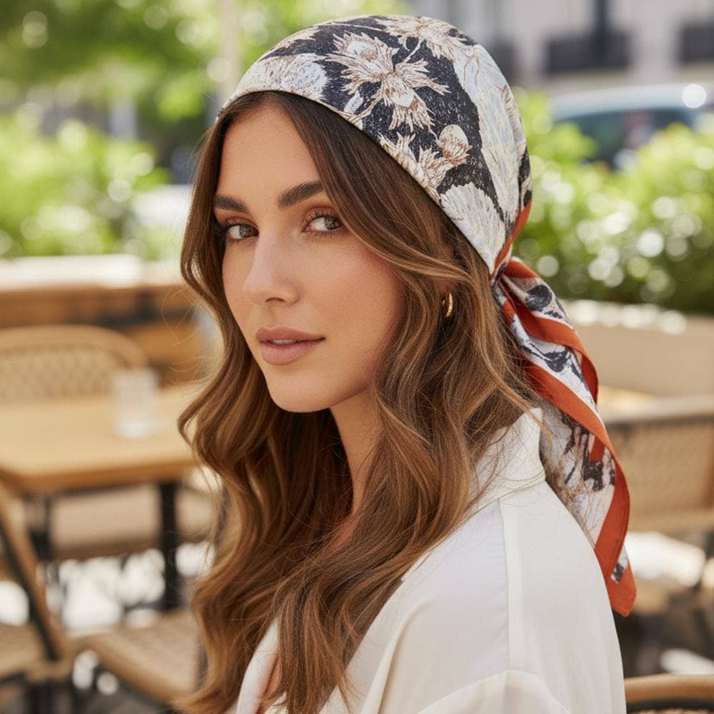 ABSTRACT FLORAL PRINT SILKY BANDANA SQUARE NECK SCARF