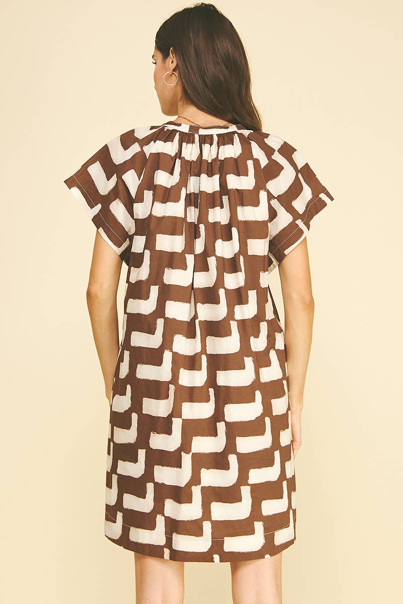 GEOMETRIC PRINT TUNIC MINI DRESS - 5049DN