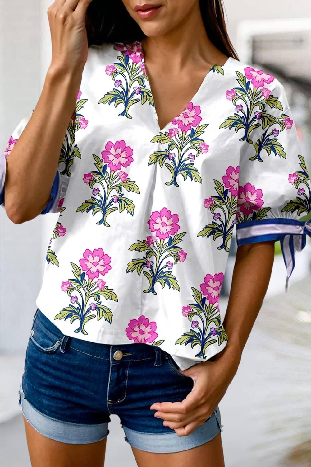 Floral Stripe Knot Bubble Sleeve Top