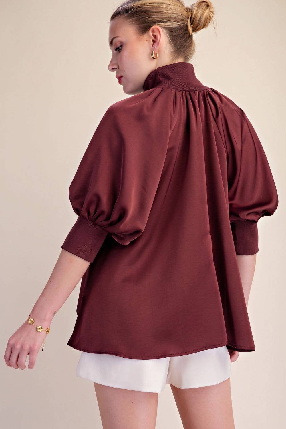 Mock Neck Band Half Zip Puff Elbow Sleeve Blouse