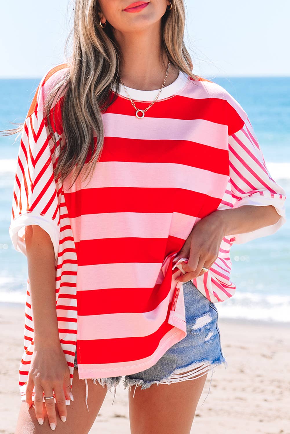 Stripe Patchwork Side Split Oversized Top