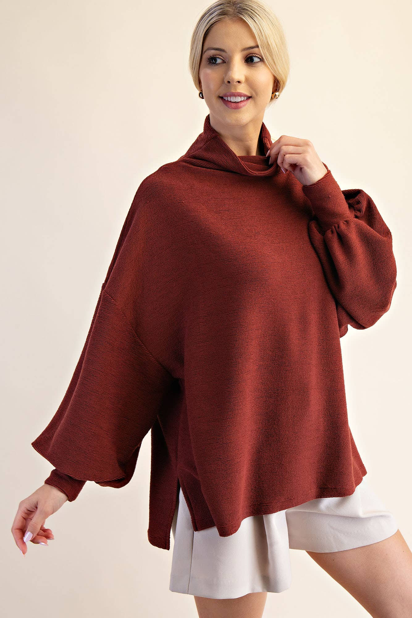Mock Neck Balloon Sleeve Knit Top