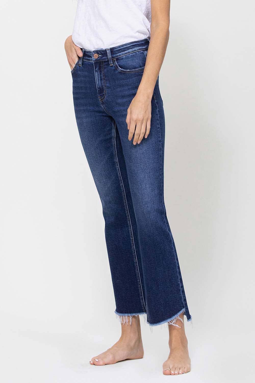 HIGH RISE RAW STEP HEM CROP MINI FLARE JEANS F4389