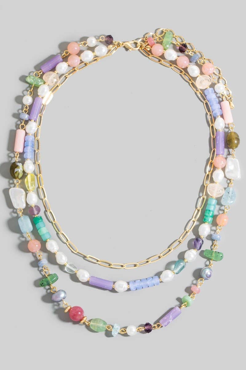 Assorted Pearl And Stone Beads Layered Chain Necklace