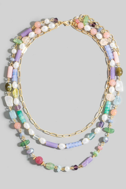 Assorted Pearl And Stone Beads Layered Chain Necklace