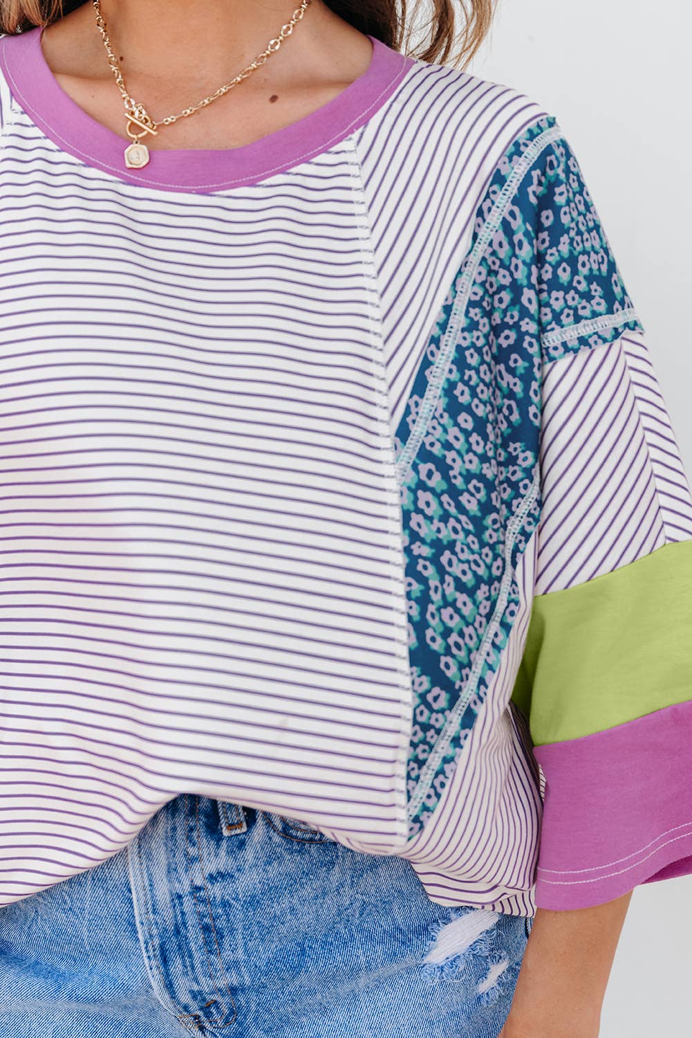 Stripe Floral Raw Edge Patchwork Top