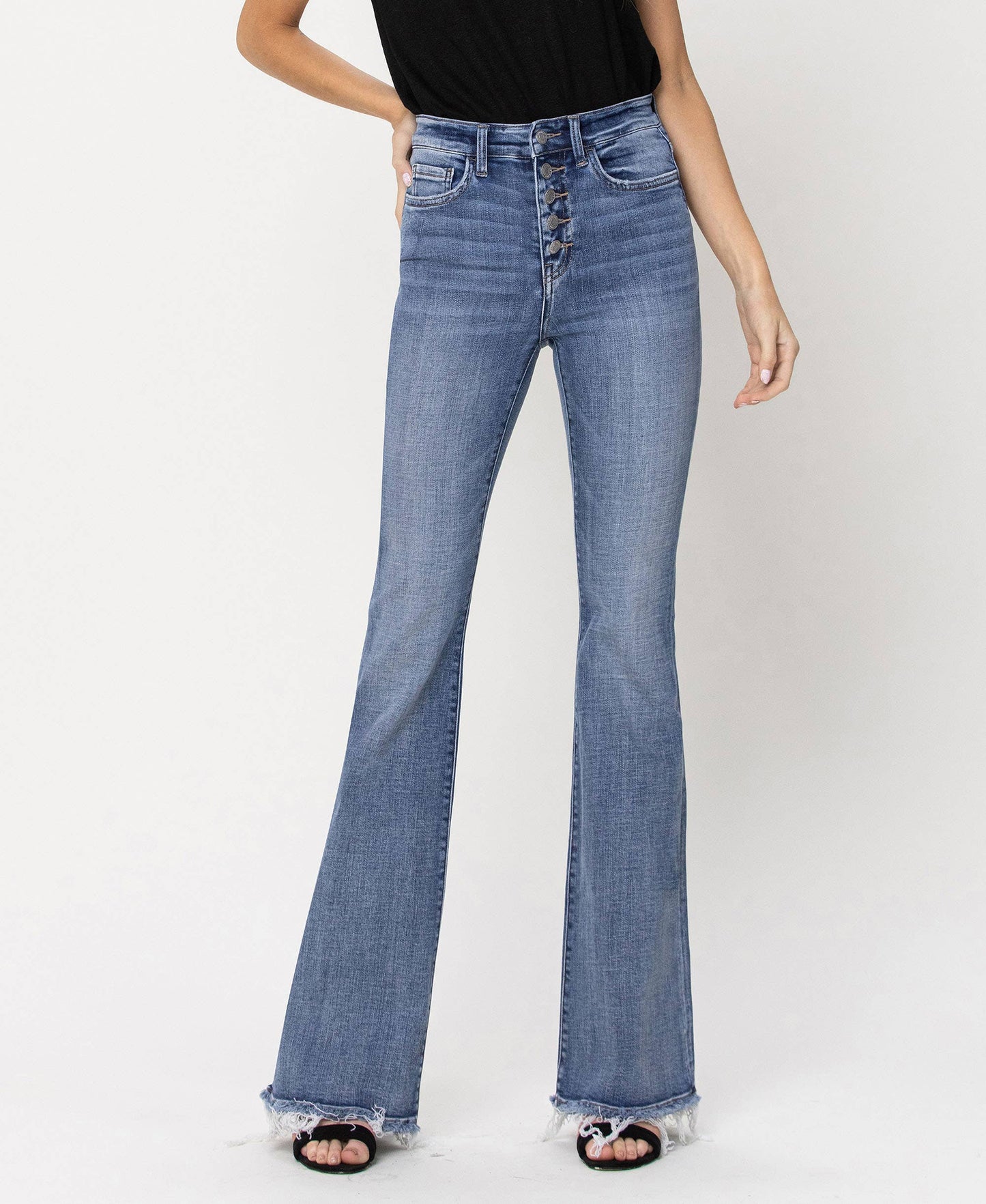HIGH RISE BUTTON FLY FLARE JEANS F4318