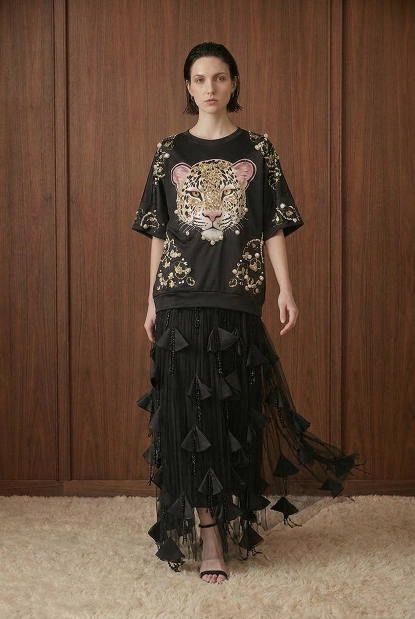 Embellished Leopard Motif Oversized T-Shirt