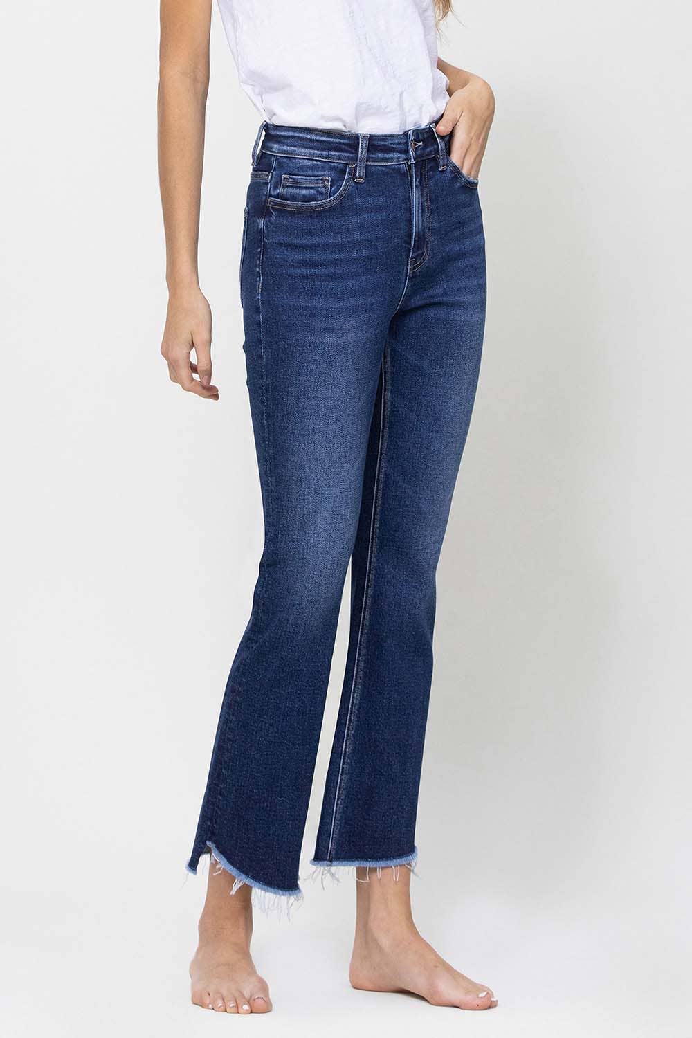 HIGH RISE RAW STEP HEM CROP MINI FLARE JEANS F4389