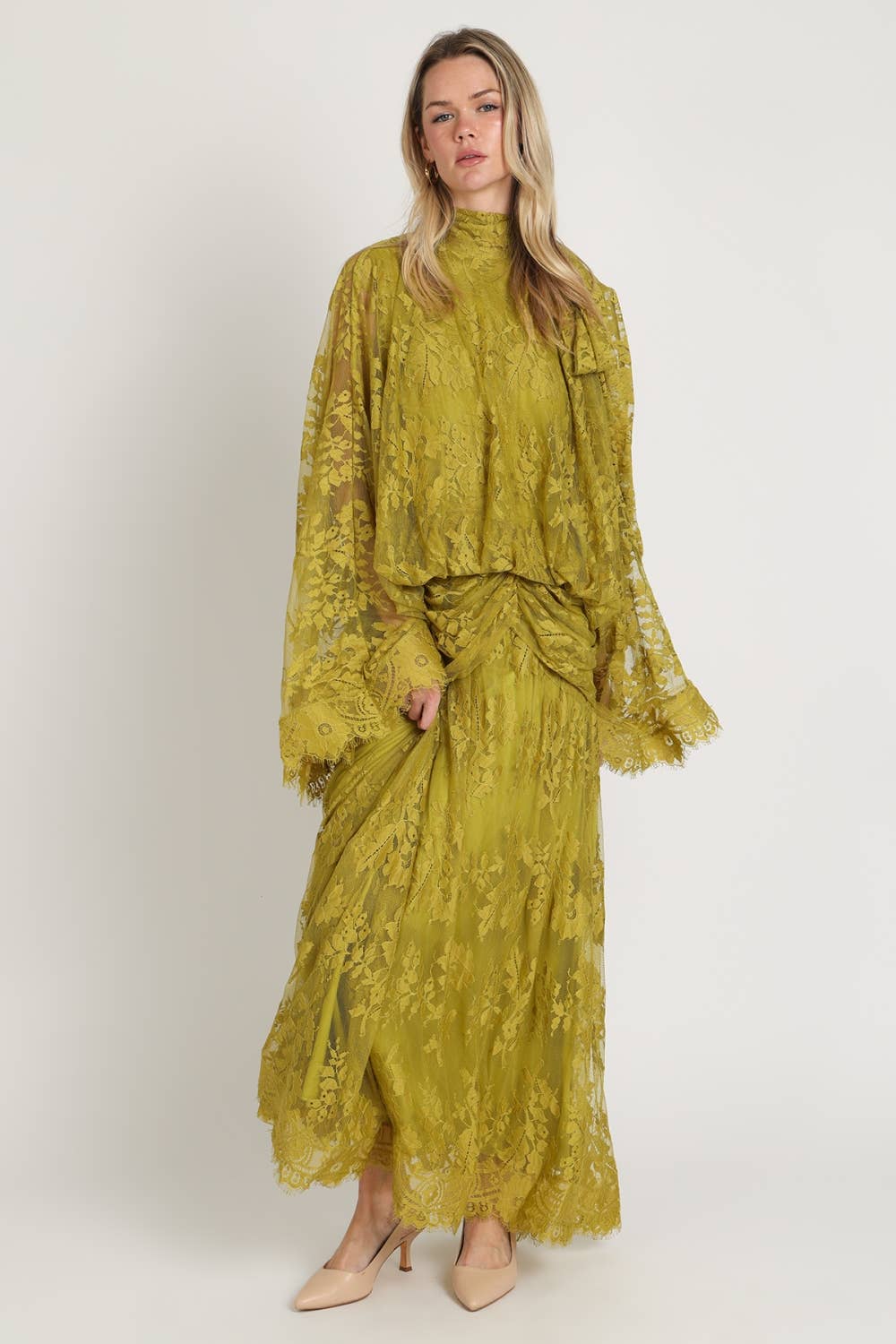 High-Neck Floral Lace Maxi Dress with Cape-Style Sleeves