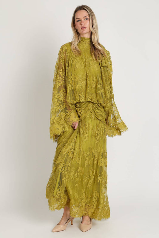 High-Neck Floral Lace Maxi Dress with Cape-Style Sleeves