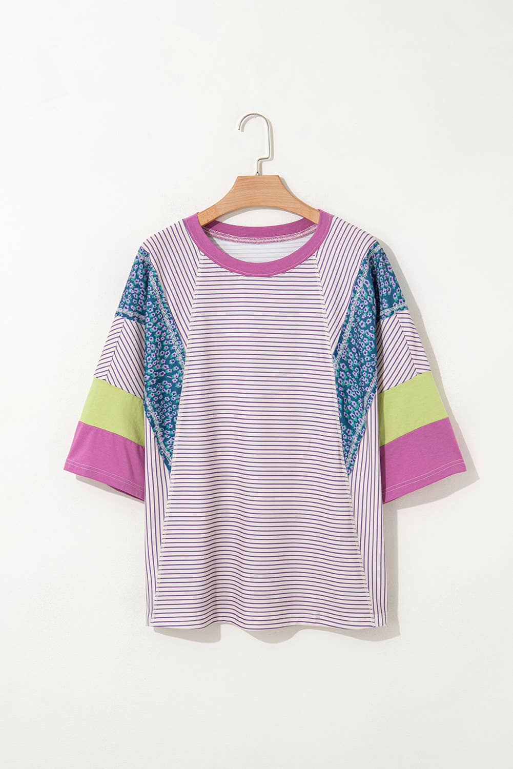 Stripe Floral Raw Edge Patchwork Top
