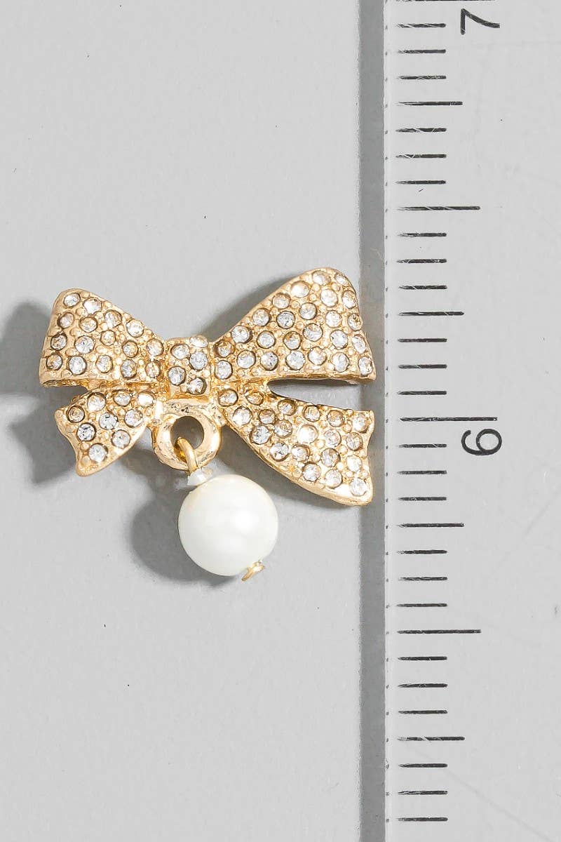 Rhinestone Pave Ribbon Bow Pearl Charm Stud Earrings