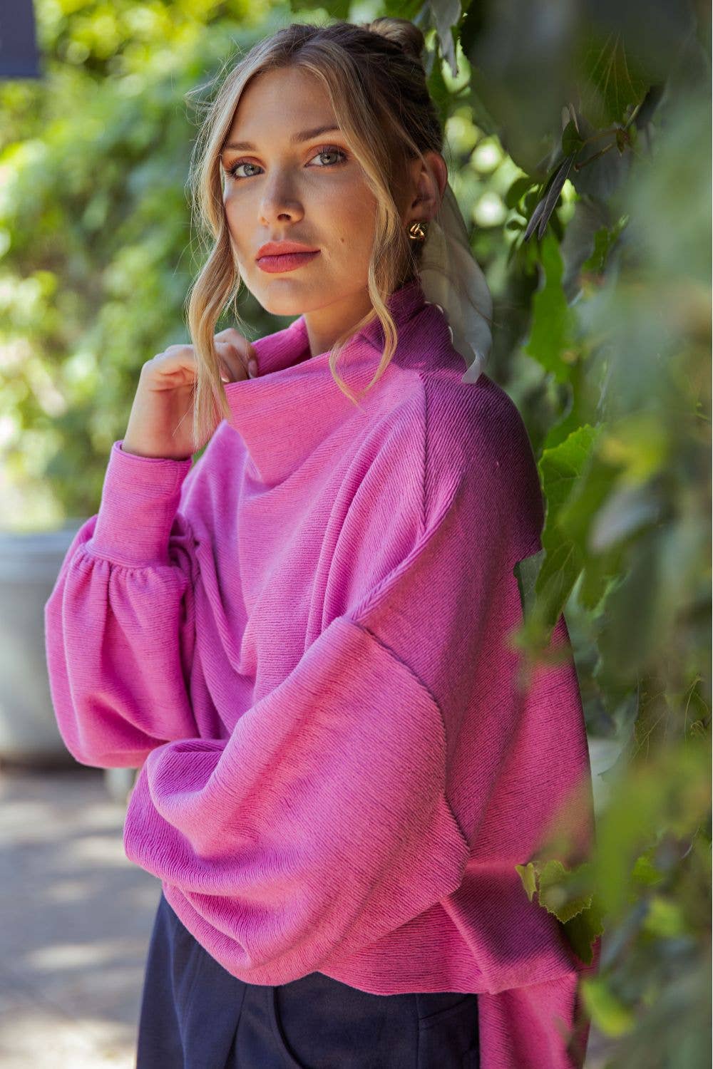 Mock Neck Balloon Sleeve Knit Top