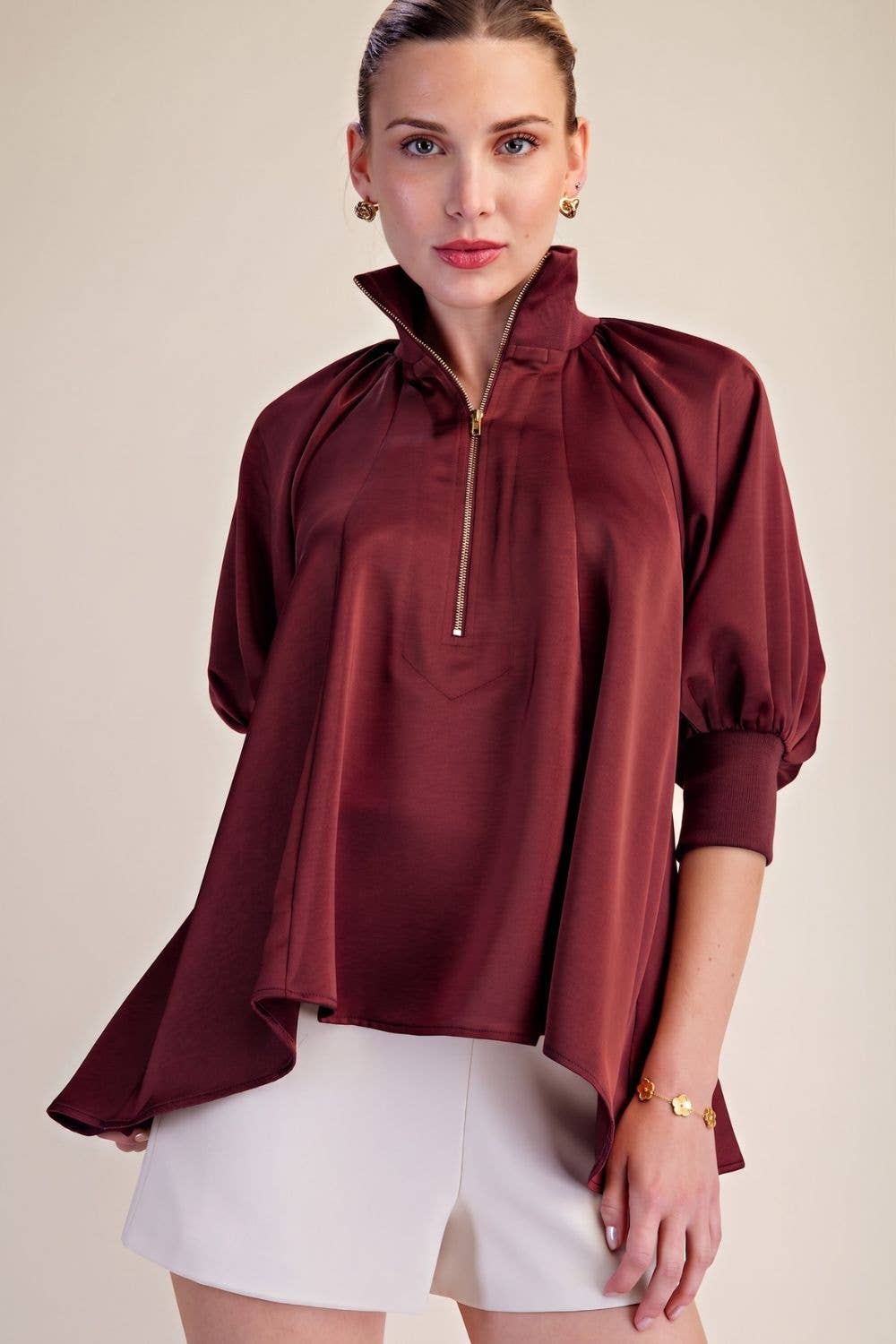 Mock Neck Band Half Zip Puff Elbow Sleeve Blouse
