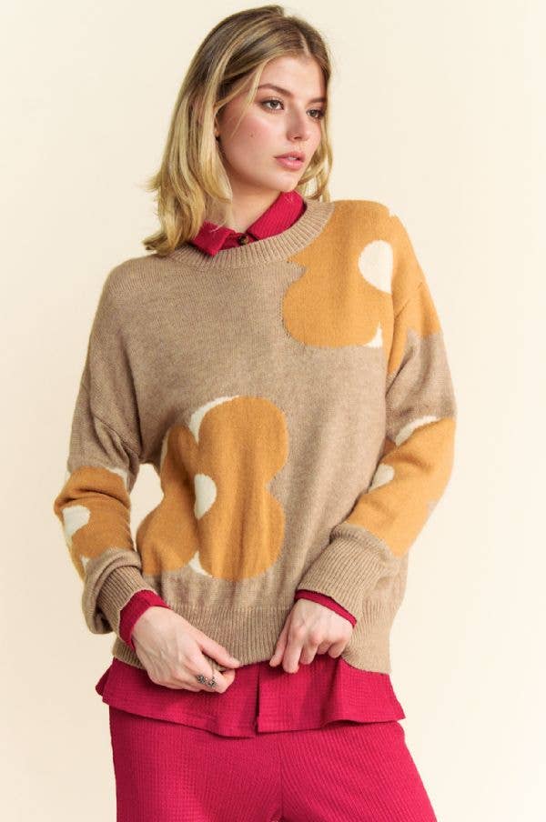 FLORAL ROUND NECK LONG SLEEVE LOOSE FIT SWEATER