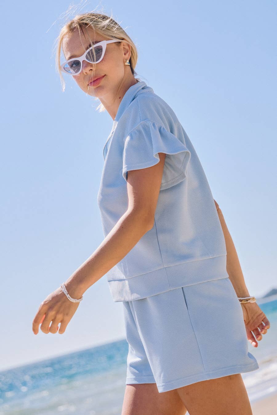 Ribbed Jacquard Track Suit Set With Shorts: Lt Blue / S