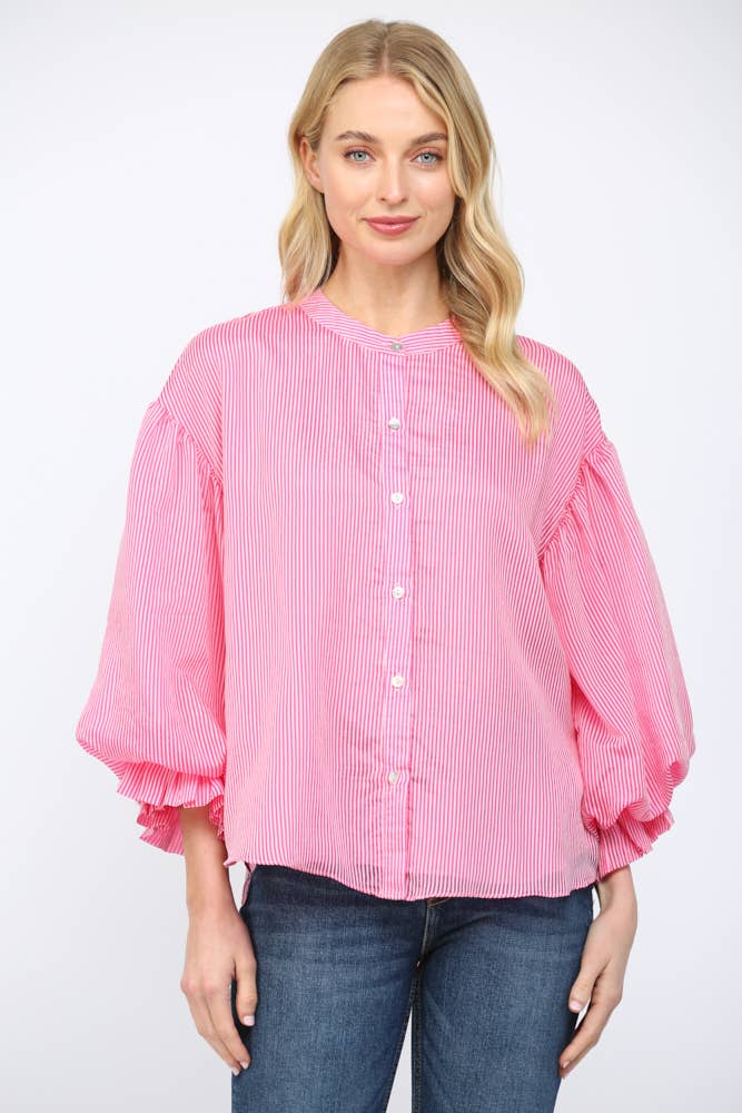 PINSTRIPE VOLUMINOUS BUBBLE SLV BLOUSE FT21230