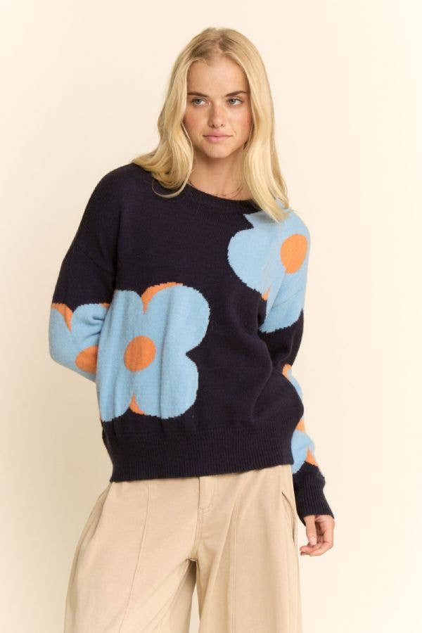FLORAL ROUND NECK LONG SLEEVE LOOSE FIT SWEATER
