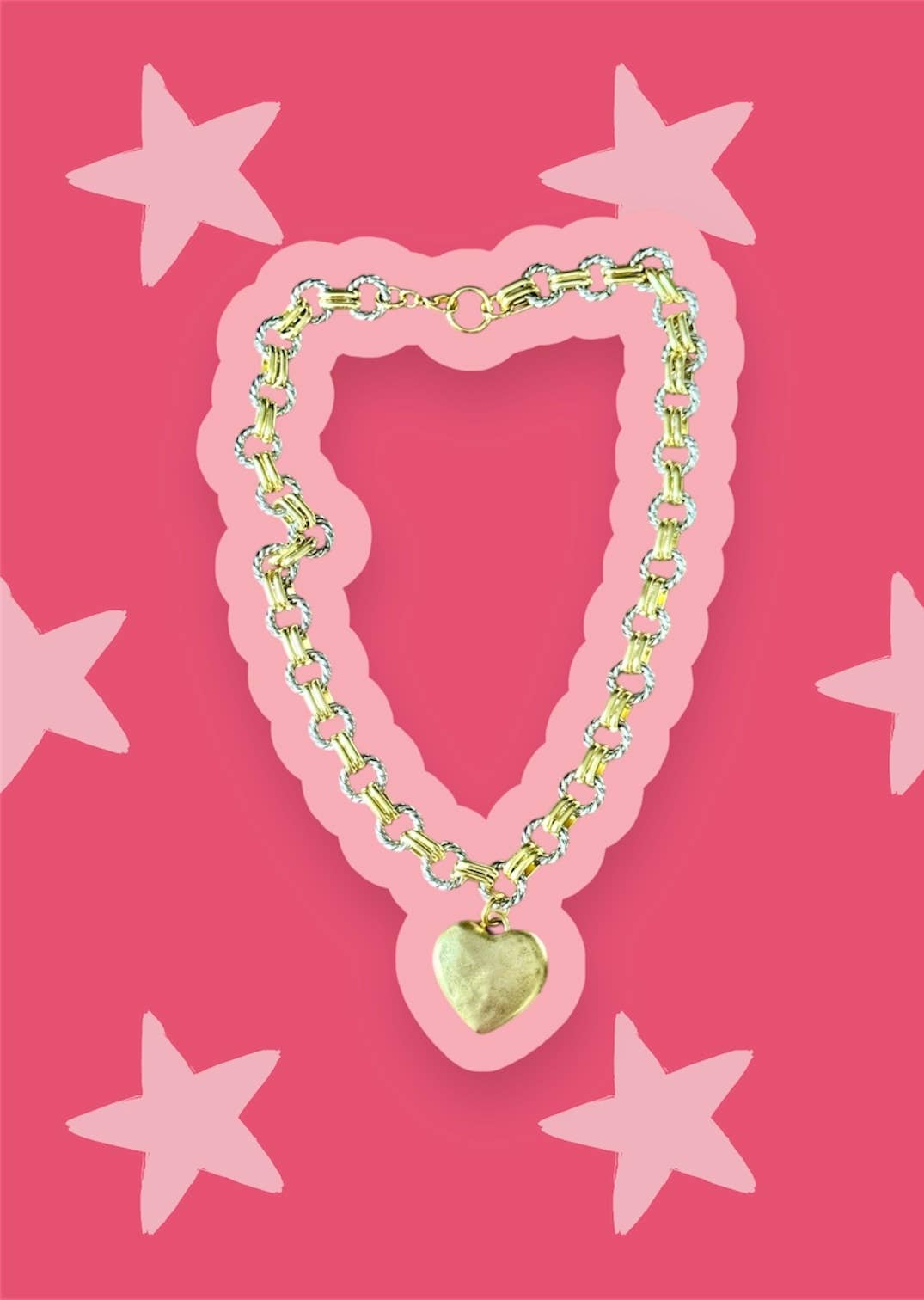 Mixed Metal Large Heart Chain Necklace 