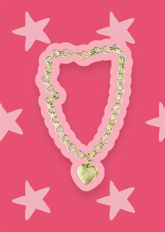Mixed Metal Large Heart Chain Necklace 