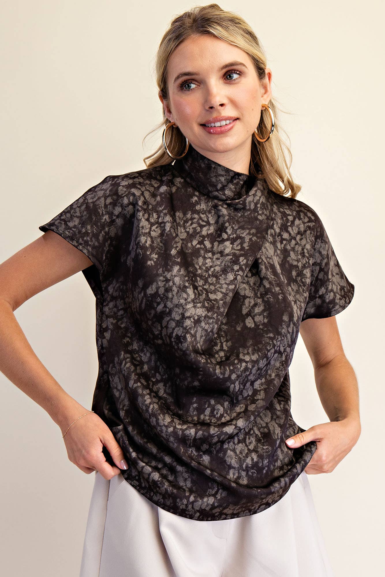Mandarin Collar Short Sleeve Top