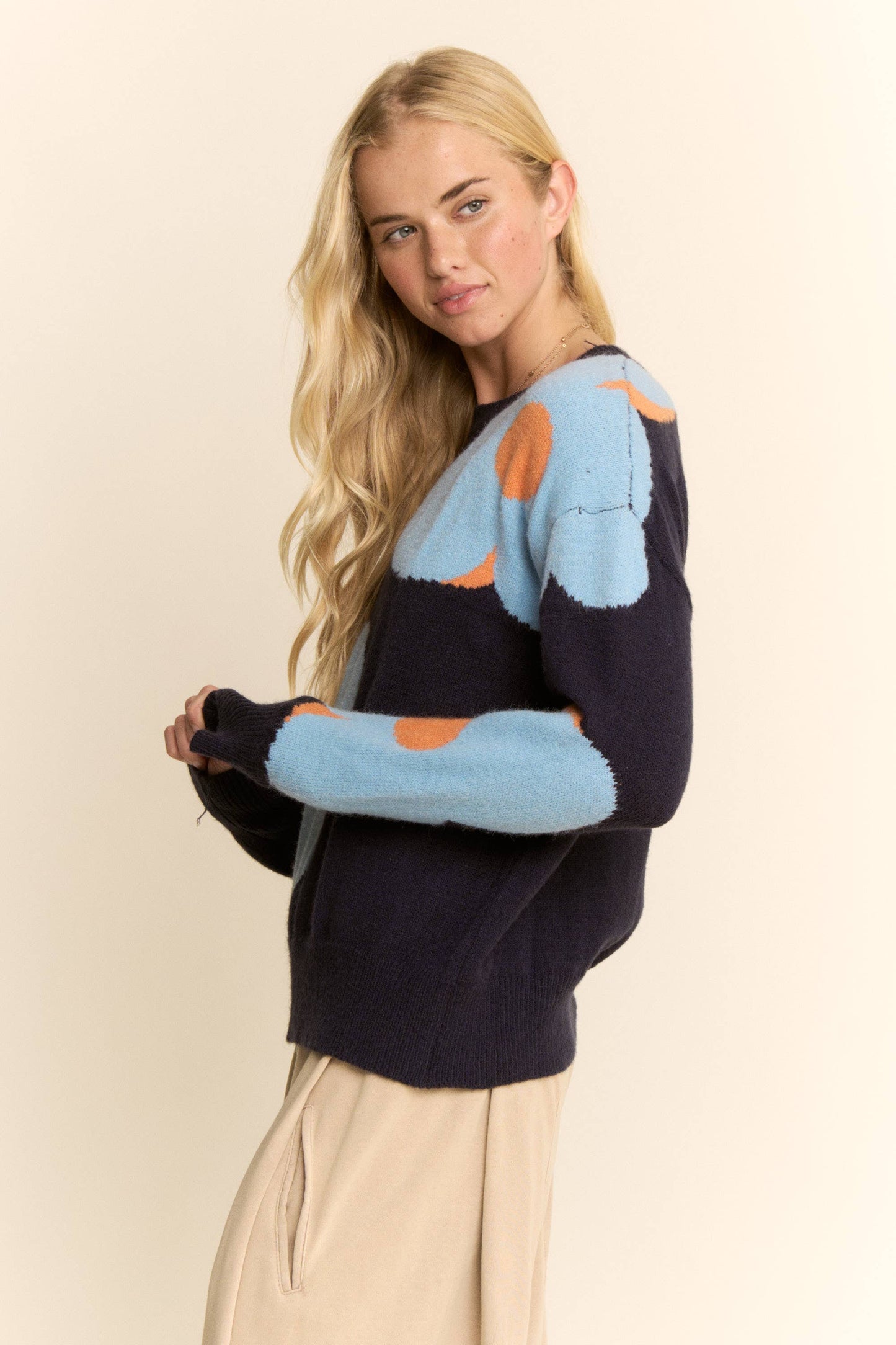 FLORAL ROUND NECK LONG SLEEVE LOOSE FIT SWEATER