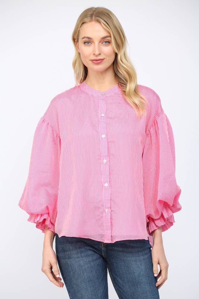 PINSTRIPE VOLUMINOUS BUBBLE SLV BLOUSE FT21230