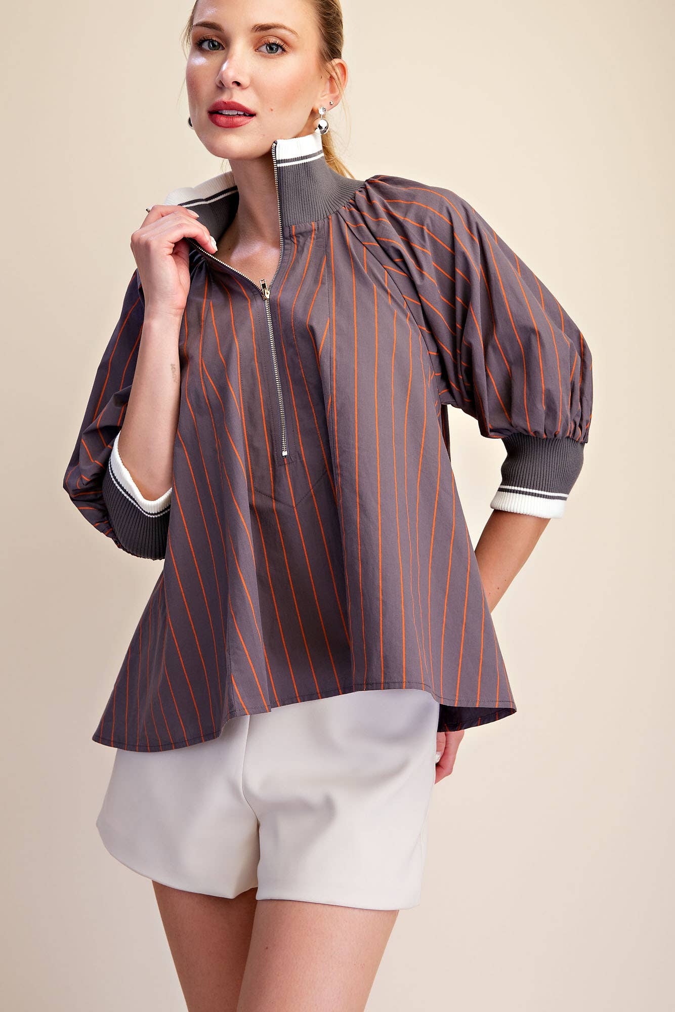 Mock Neck Band Puff Sleeve Stripe Blouse