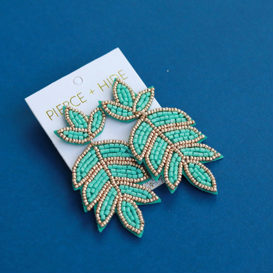 Pierce+Hide Custom Mint Fleur De Lis Earring| Leaf Drop