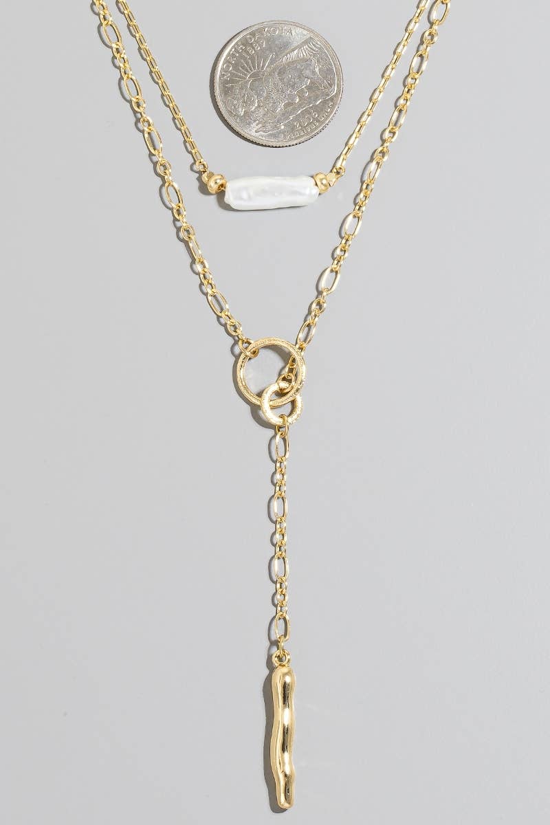 Pearl And Metallic Bar Pendant Layered Necklace