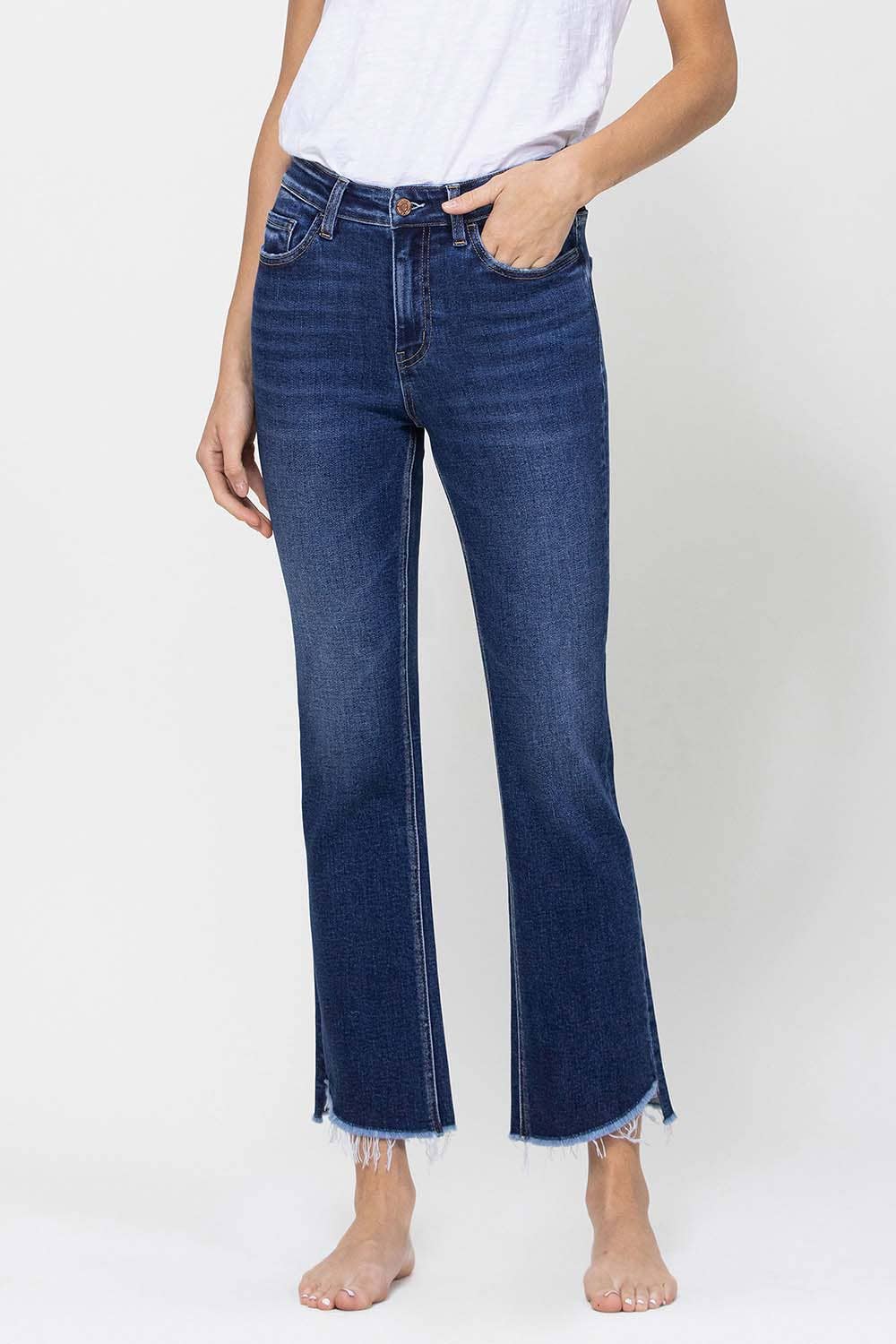HIGH RISE RAW STEP HEM CROP MINI FLARE JEANS F4389