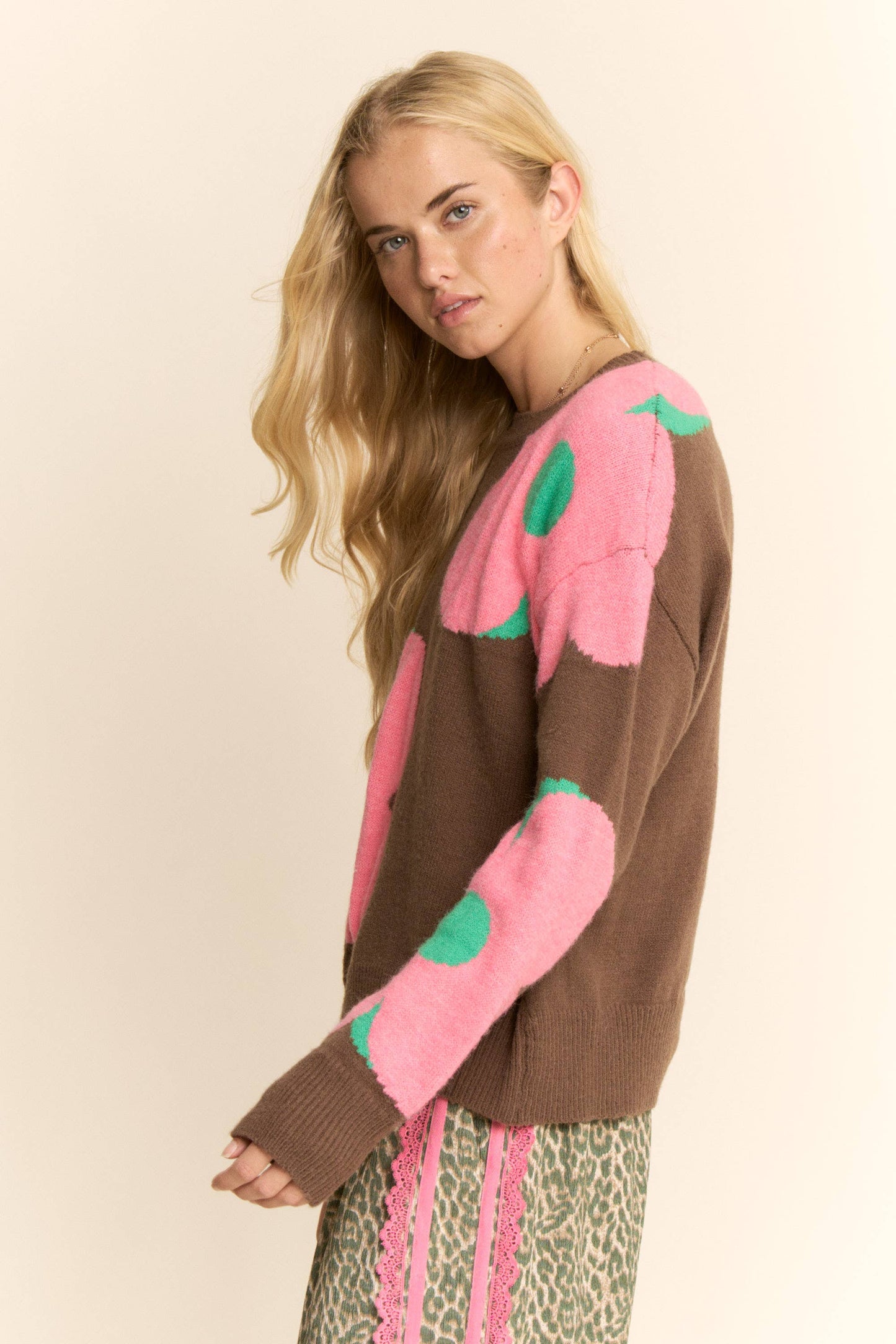 FLORAL ROUND NECK LONG SLEEVE LOOSE FIT SWEATER