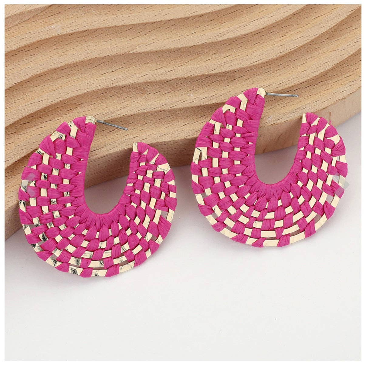Pierce+Hide Fuchsia + Gold Raffia Wrapped Hoop Earrings