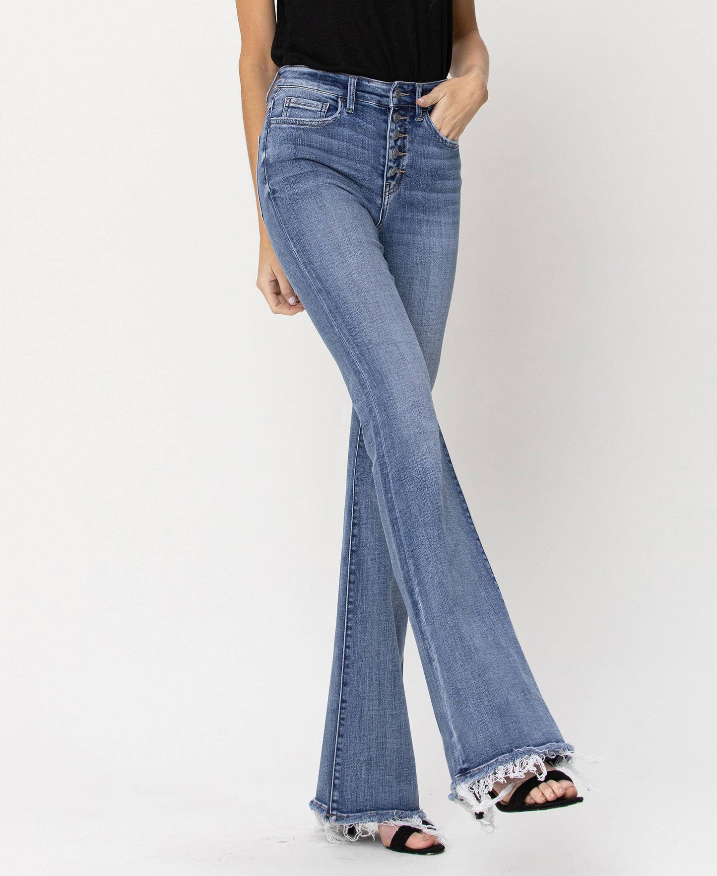 HIGH RISE BUTTON FLY FLARE JEANS F4318