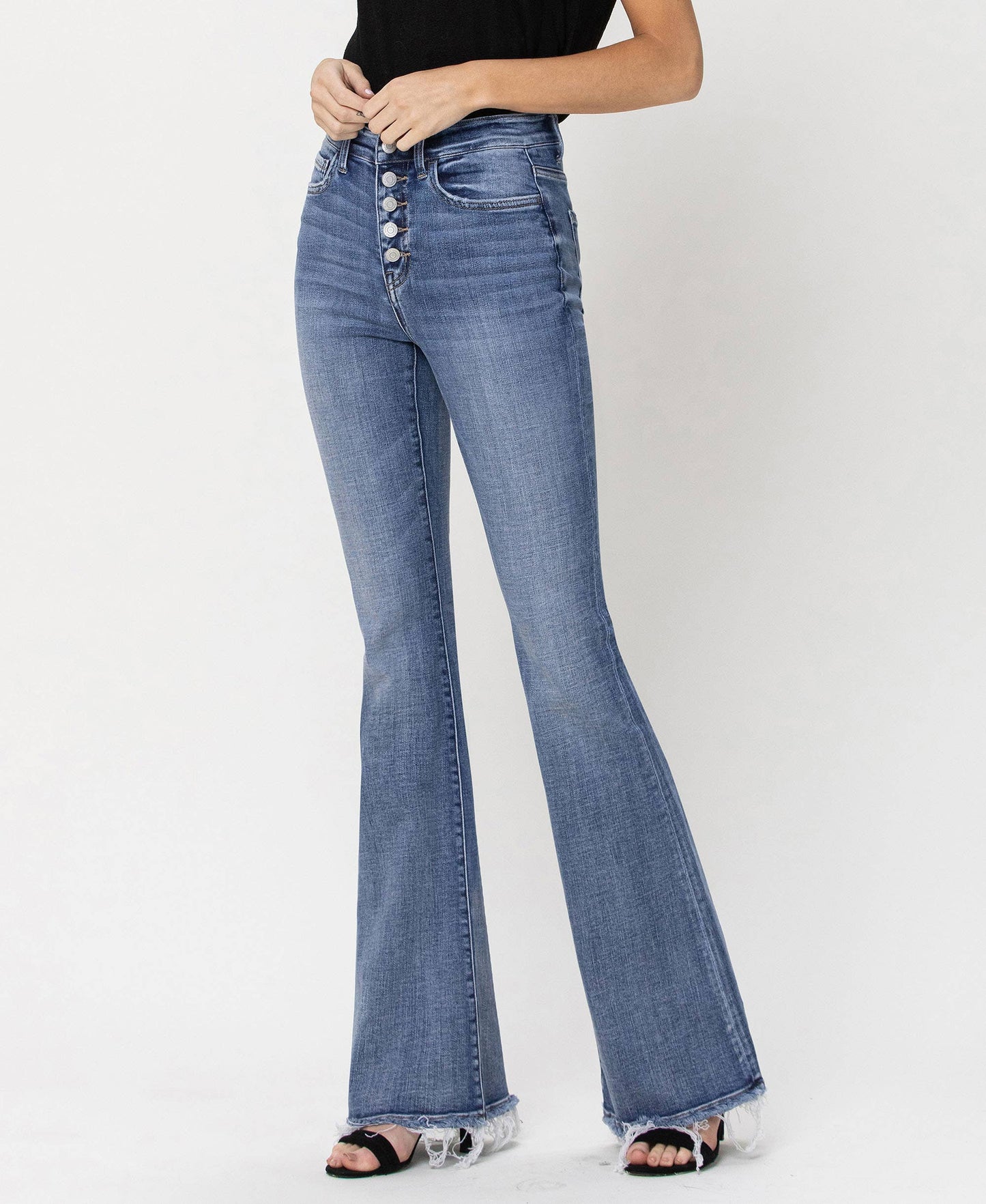 HIGH RISE BUTTON FLY FLARE JEANS F4318