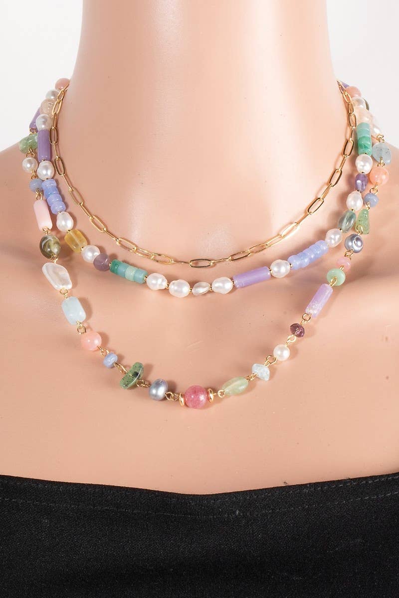 Assorted Pearl And Stone Beads Layered Chain Necklace