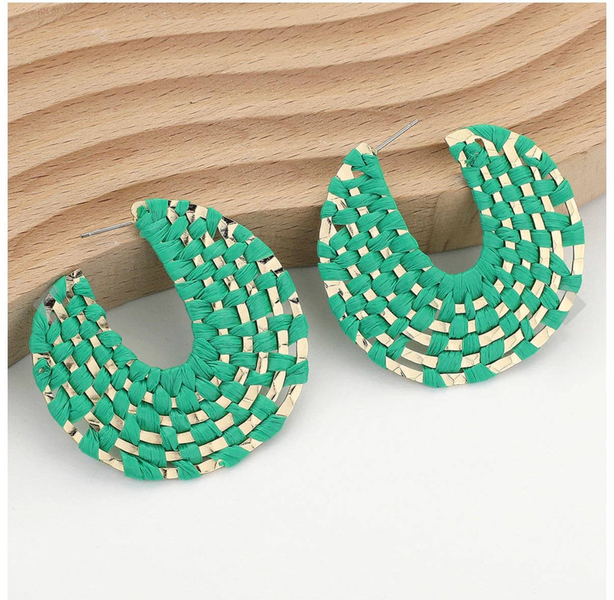 Pierce+Hide Green + Gold Raffia Wrapped Hoop Earrings