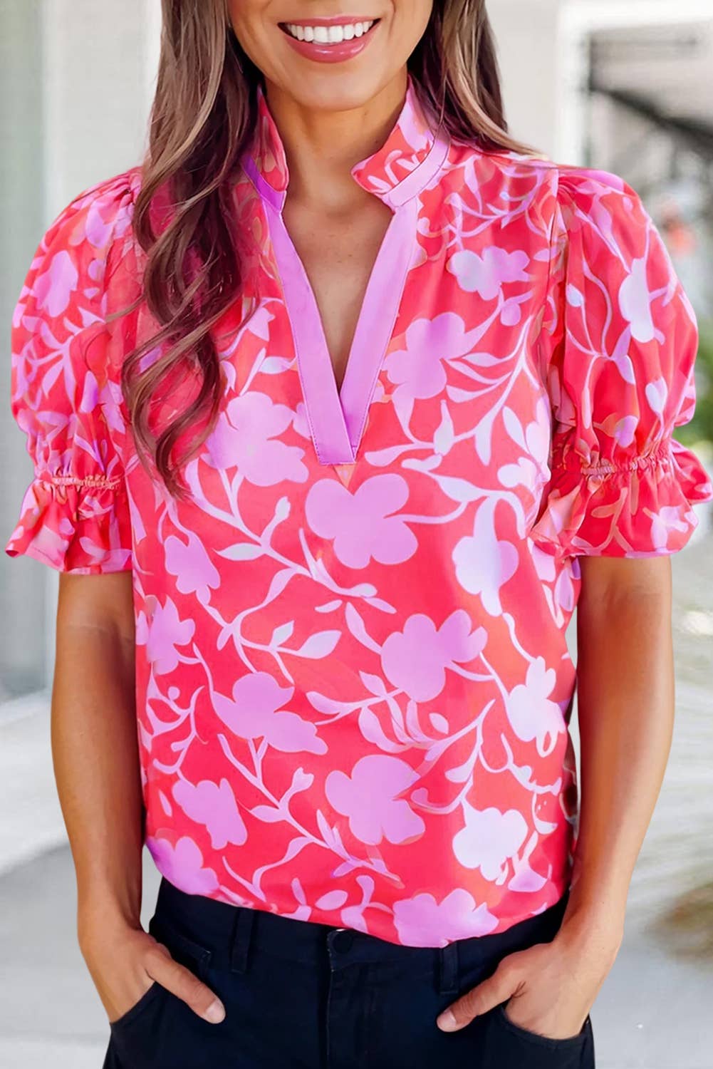 Floral Split V Neck Ruffled Top