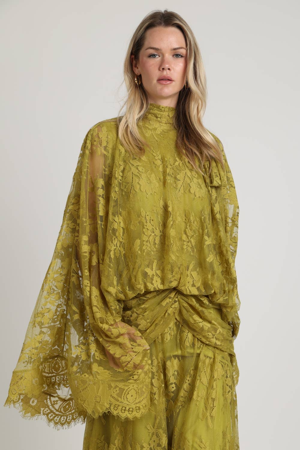 High-Neck Floral Lace Maxi Dress with Cape-Style Sleeves