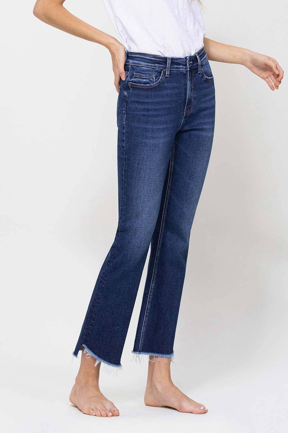 HIGH RISE RAW STEP HEM CROP MINI FLARE JEANS F4389