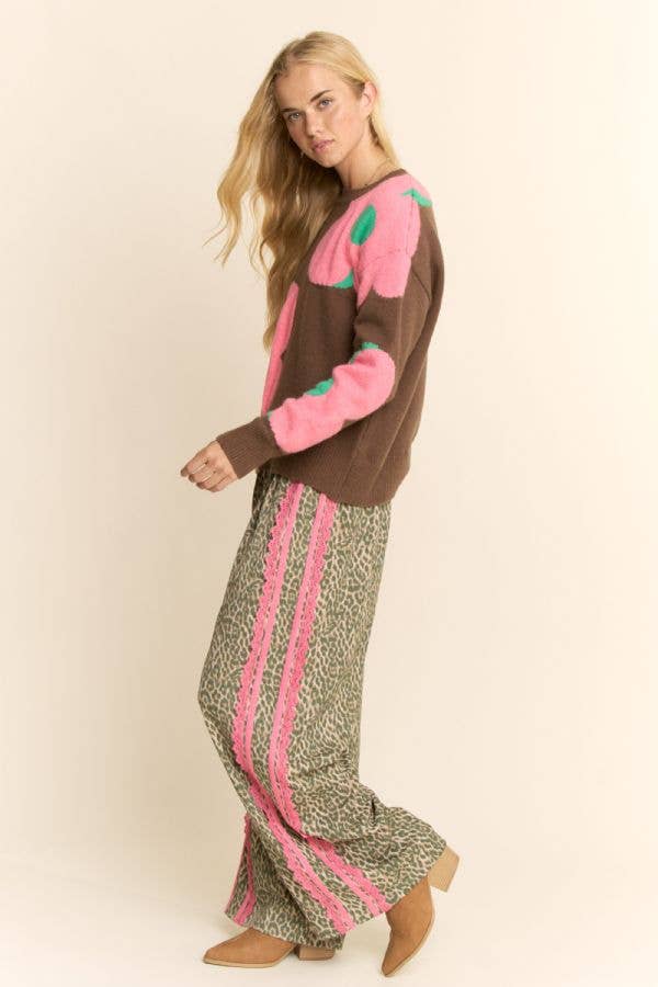 FLORAL ROUND NECK LONG SLEEVE LOOSE FIT SWEATER