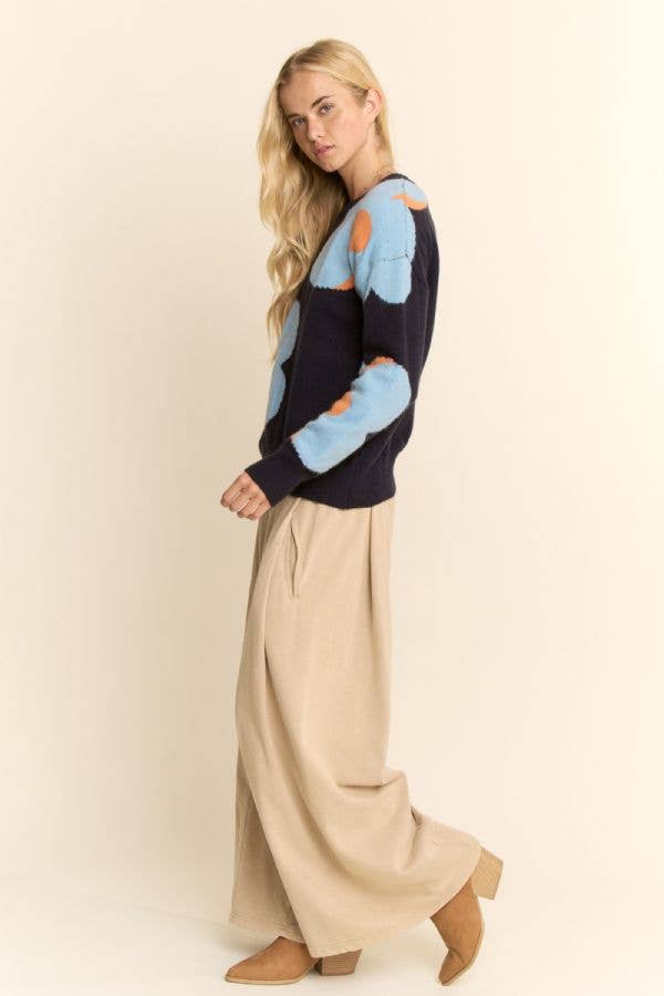 FLORAL ROUND NECK LONG SLEEVE LOOSE FIT SWEATER