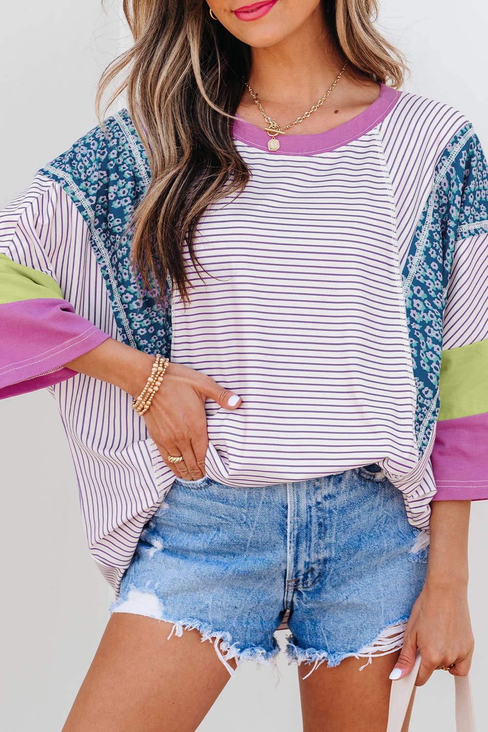 Stripe Floral Raw Edge Patchwork Top